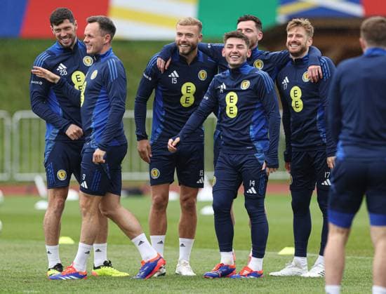 Billy Gilmour of Scotland and team mates during the training session Scotland Training Session and press conference, PK, Pressekonferenz UEFA European Championship, EM, Europameisterschaft 2024, Group A Football, Stadion am Groben, Garmisch-Partenkirchen, Germany, 11 Jun 2024 EDITORIAL USE ONLY No use with unauthorised audio, video, data, fixture lists, club league logos or live services. Online in-match use limited to 120 images, no video emulation. No use in betting, games or single club league player publications.  Copyright: xPaulxCurrie Shutterstockx 14523736bs