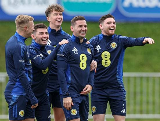 Billy Gilmour of Scotland, Kenny McLean and Andy Robertson during the training session Scotland Training Session and press conference, PK, Pressekonferenz UEFA European Championship, EM, Europameisterschaft 2024, Group A Football, Stadion am Groben, Garmisch-Partenkirchen, Germany, 11 Jun 2024 EDITORIAL USE ONLY No use with unauthorised audio, video, data, fixture lists, club league logos or live services. Online in-match use limited to 120 images, no video emulation. No use in betting, games or single club league player publications.  Copyright: xPaulxCurrie Shutterstockx 14523736ce
