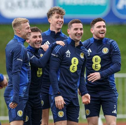 Billy Gilmour of Scotland, Kenny McLean and Andy Robertson during the training session Scotland Training Session and press conference, PK, Pressekonferenz UEFA European Championship, EM, Europameisterschaft 2024, Group A Football, Stadion am Groben, Garmisch-Partenkirchen, Germany, 11 Jun 2024 EDITORIAL USE ONLY No use with unauthorised audio, video, data, fixture lists, club league logos or live services. Online in-match use limited to 120 images, no video emulation. No use in betting, games or single club league player publications.  Copyright: xPaulxCurrie Shutterstockx 14523736cf