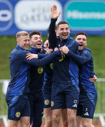 Billy Gilmour of Scotland, Kenny McLean and Andy Robertson during the training session Scotland Training Session and press conference, PK, Pressekonferenz UEFA European Championship, EM, Europameisterschaft 2024, Group A Football, Stadion am Groben, Garmisch-Partenkirchen, Germany, 11 Jun 2024 EDITORIAL USE ONLY No use with unauthorised audio, video, data, fixture lists, club league logos or live services. Online in-match use limited to 120 images, no video emulation. No use in betting, games or single club league player publications.  Copyright: xPaulxCurrie Shutterstockx 14523736cd