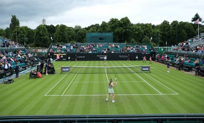 11th June 2024; Lexus Nottingham Tennis Centre, Nottingham, England; Rothesay Nottingham Open, Day 2; Marta Kostyuk and Daria Snigur warm up prior to the start of the womens singles match  ActionPlus12653493 PaulxBonser