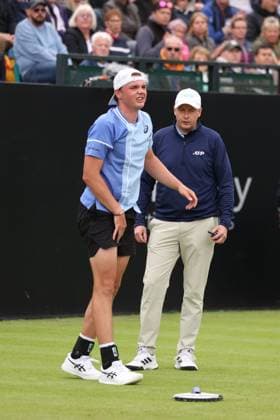 Dominic Stricker receives treatment after being hit with a ball from Daniel Evans during a round of 32 match Rothesay Open Nottingham, Day 2, Tennis, Lexus Nottingham Tennis Centre, Nottingham, UK - 11 June 2024  Copyright: xRyanxBrowne Shutterstockx 14523727ci
