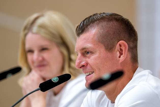 Toni Kroos Germany , 08 laughing, GER, DFB, Press conference, Football mens national team Germany, UEFA European Football Championship 2024,Herzogenaurach 11 06 2024 GER, DFB, Press conference, Football mens national team Germany, UEFA European Football Championship 2024,Herzogenaurach 11 06 2024 Herzogenaurach Copyright: xEibner-Pressefoto FlorianxWieganx EP_FWD