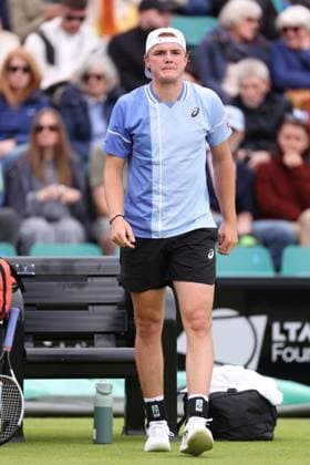 Dominic Stricker receives treatment after being hit with a ball from Daniel Evans during a round of 32 match Rothesay Open Nottingham, Day 2, Tennis, Lexus Nottingham Tennis Centre, Nottingham, UK - 11 June 2024  Copyright: xRyanxBrowne Shutterstockx 14523727cm