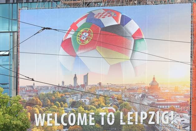 Tour Fanzone Augustusplatz Leipzig UEFA EURO 2024 Leipzig, 11 06 2024, Augustusplatz, UEFA EURO 2024, Tour Fanzone EURO Festival 2024 In the picture Banner Welcome to Leipzig on Augustusplatz Leipzig ,