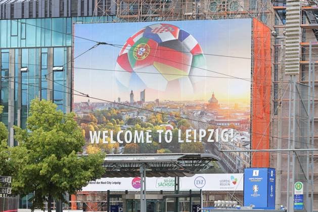 Tour Fanzone Augustusplatz Leipzig UEFA EURO 2024 Leipzig, 11 06 2024, Augustusplatz, UEFA EURO 2024, Tour Fanzone EURO Festival 2024 In the picture Banner Welcome to Leipzig on Augustusplatz Leipzig ,