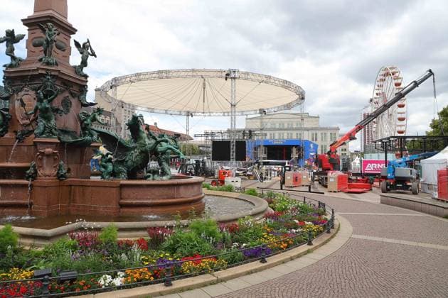 Tour fan zone Augustusplatz Leipzig UEFA EURO 2024 Leipzig, 11 06 2024, Augustusplatz, UEFA EURO 2024, Tour fan zone EURO Festival 2024 In the picture construction site UEFA EURO 2024 fan zone in front of the Gewandhaus Leipzig ,