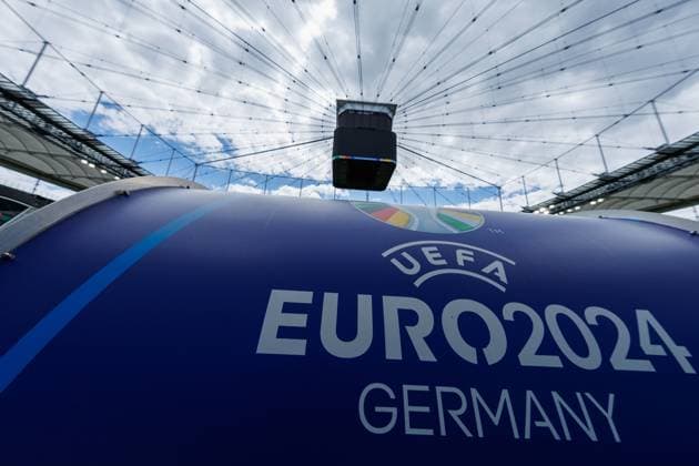 Stadium Open Media Day Arena Frankfurt, 11 06 2024 View of the substitutes bench Uefa Euro 2024 logo Video cube in the background Stadium Open Media Day Arena Frankfurt, 11 06 2024 Copyright: xBEAUTIFULxSPORTS Hahnex