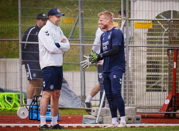 National coach Kasper Hjulmand and Kasper Schmeichel during Denmarks national soccer teams training in Freudenstadt, Germany, Wednesday June 12, 2024 , Freudenstadt Germany  Copyright: Ritzau Scanpix LiselottexSabroex spdk20240612-112332-L