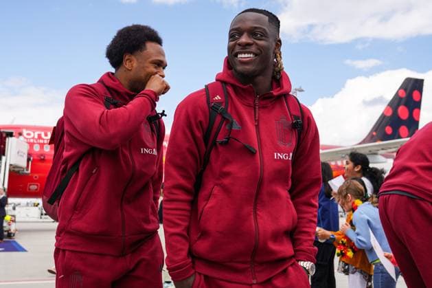 Belgium Media Activities UEFA EURO, EM, Europameisterschaft,Fussball 2024 12 06 2024 LUDWIGSBURG, GERMANY - JUNE 12 : Mangala Orel midfielder of Belgium and Doku Jeremy forward of Belgium pictured during arrival at the UEFA Euro 2024 European Football Championship tournament on June 12, 2024 in Ludwigsburg, Germany, 12 06 2024 Ludwigsburg Germany  Copyright: xRoyalxBelgianxFootballxAssociationx