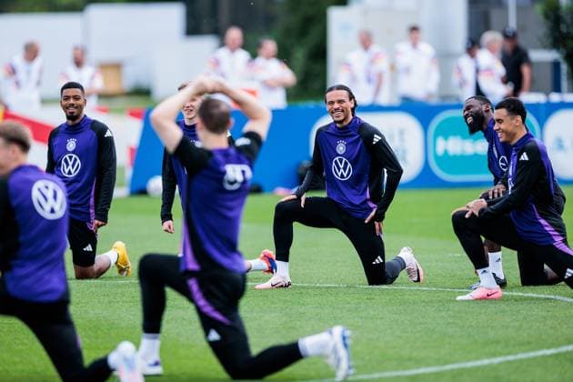 Training camp preparation UEFA EURO 2024 Germany 12 06 2024 Leroy Sane Germany, 19 laughs, jokes with Manuel Neuer Germany, 1 Antonio Rüdiger Germany, 2 and Jamal Musiala Germany, 10 Training camp preparation UEFA EURO 2024 Germany Training HerzoBase, Herzogenaurach on 12 06 2024 Copyright: xBEAUTIFULxSPORTS Wunderlx