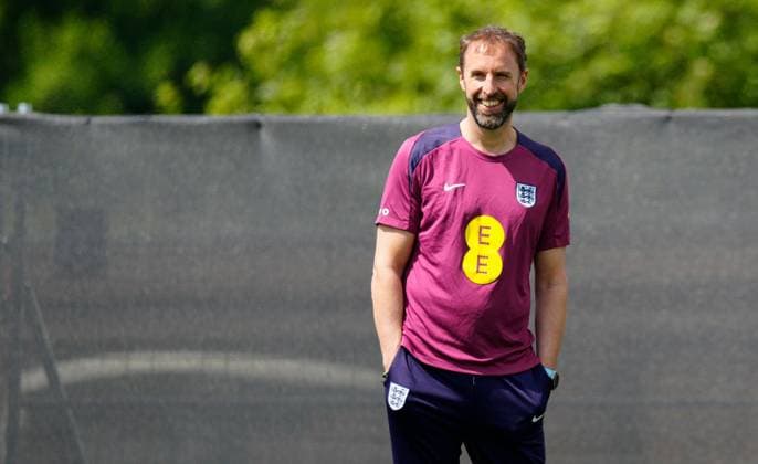 Smiling Gareth Southgate manager of England England Training Session and press conference, PK, Pressekonferenz UEFA European Championship, EM, Europameisterschaft 2024, Group C, Football, Spa & Golf Resort Weimarer Land, Blankenhain, Germany, 12 Jun 2024 EDITORIAL USE ONLY No use with unauthorised audio, video, data, fixture lists, club league logos or live services. Online in-match use limited to 120 images, no video emulation. No use in betting, games or single club league player publications.  Copyright: xDavexShopland Shutterstockx 14523751af
