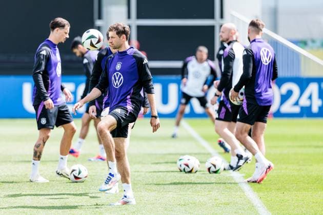 Training camp preparation UEFA EURO 2024 Germany 12 06 2024 Thomas Müller Germany, 13 holds up a ball Training camp preparation UEFA EURO 2024 Germany Training HerzoBase, Herzogenaurach on 12 06 2024 Copyright: xBEAUTIFULxSPORTS Wunderlx