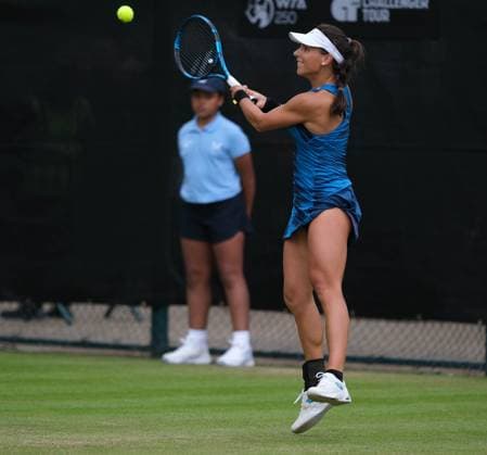 12th June 2024; Lexus Nottingham Tennis Centre, Nottingham, England; Rothesay Nottingham Open, Day 3; Lucrezia Stefanini plays a high backhand shot to Kimberley Birrell, womens singles  ActionPlus1265364720240612 PaulxBonser