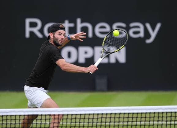 12th June 2024; Lexus Nottingham Tennis Centre, Nottingham, England; Rothesay Nottingham Open, Day 3; Jacob Fearnley plays a backhand net shot to Paul Jubb, mens singles  ActionPlus1265365920240612 PaulxBonser