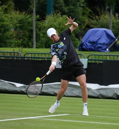 12th June 2024; Lexus Nottingham Tennis Centre, Nottingham, England; Rothesay Nottingham Open, Day 3; Aiden Mchugh plays a forehand shot to Blake Ellis, mens doubles  ActionPlus1265368220240612 PaulxBonser