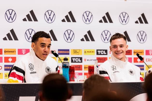 Training camp preparation UEFA EURO 2024 Germany 12 06 2024 Jamal Musiala Germany, 10 and Florian Wirtz Germany, 17 Training camp preparation UEFA EURO 2024 Germany Press conference HerzoBase, Herzogenaurach on 12 06 2024 Copyright: xBEAUTIFULxSPORTS Wunderlx