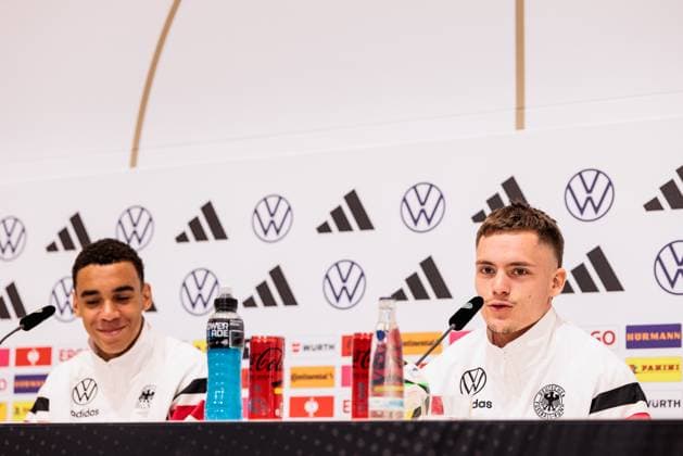 Training camp preparation UEFA EURO 2024 Germany 12 06 2024 Jamal Musiala Germany, 10 and Florian Wirtz Germany, 17 Training camp preparation UEFA EURO 2024 Germany Press conference HerzoBase, Herzogenaurach on 12 06 2024 Copyright: xBEAUTIFULxSPORTS Wunderlx