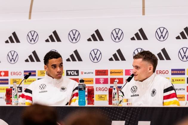 Training camp preparation UEFA EURO 2024 Germany 12 06 2024 Jamal Musiala Germany, 10 and Florian Wirtz Germany, 17 Training camp preparation UEFA EURO 2024 Germany Press conference HerzoBase, Herzogenaurach on 12 06 2024 Copyright: xBEAUTIFULxSPORTS Wunderlx