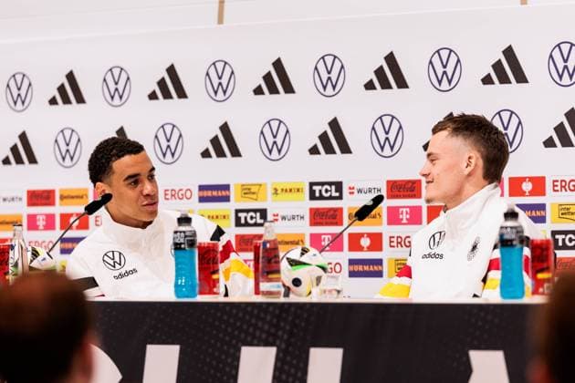 Training camp preparation UEFA EURO 2024 Germany 12 06 2024 Jamal Musiala Germany, 10 and Florian Wirtz Germany, 17 Training camp preparation UEFA EURO 2024 Germany Press conference HerzoBase, Herzogenaurach on 12 06 2024 Copyright: xBEAUTIFULxSPORTS Wunderlx
