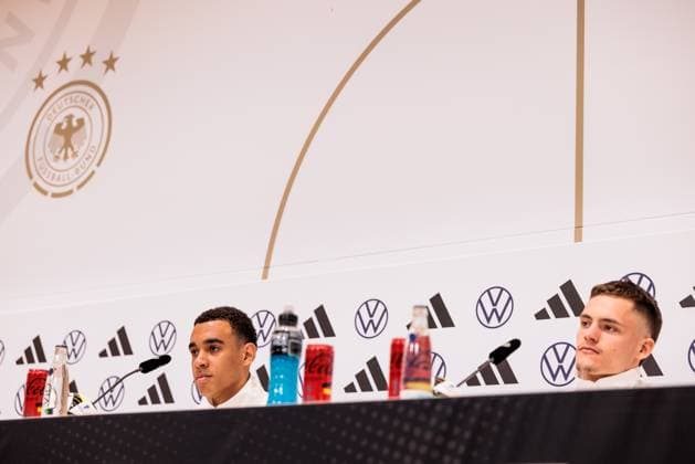 Training camp preparation UEFA EURO 2024 Germany 12 06 2024 Jamal Musiala Germany, 10 and Florian Wirtz Germany, 17 Training camp preparation UEFA EURO 2024 Germany Press conference HerzoBase, Herzogenaurach on 12 06 2024 Copyright: xBEAUTIFULxSPORTS Wunderlx