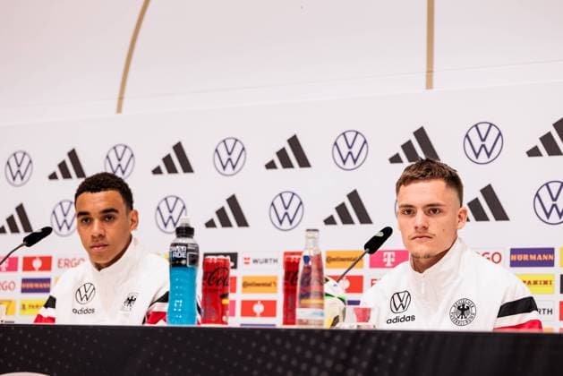 Training camp preparation UEFA EURO 2024 Germany 12 06 2024 Jamal Musiala Germany, 10 and Florian Wirtz Germany, 17 Training camp preparation UEFA EURO 2024 Germany Press conference HerzoBase, Herzogenaurach on 12 06 2024 Copyright: xBEAUTIFULxSPORTS Wunderlx