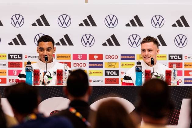 Training camp preparation UEFA EURO 2024 Germany 12 06 2024 Jamal Musiala Germany, 10 and Florian Wirtz Germany, 17 Training camp preparation UEFA EURO 2024 Germany Press conference HerzoBase, Herzogenaurach on 12 06 2024 Copyright: xBEAUTIFULxSPORTS Wunderlx