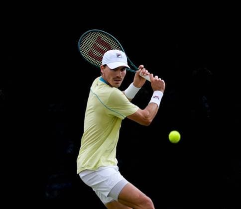 12th June 2024; Lexus Nottingham Tennis Centre, Nottingham, England; Rothesay Nottingham Open, Day 3; Patrick Kypson plays a backhand shot to Mikhail Kukushkin, mens singles  ActionPlus1265371420240612 PaulxBonser