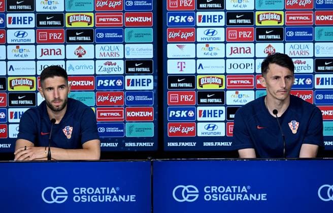 PXL_CRO football team press Luka Ivanusec and Ante Budimir of Croatian national football team during press conference, PK, Pressekonferenz in Neuruppin, Germany on 12. June 2024. MarkoxLukunic PIXSELL
