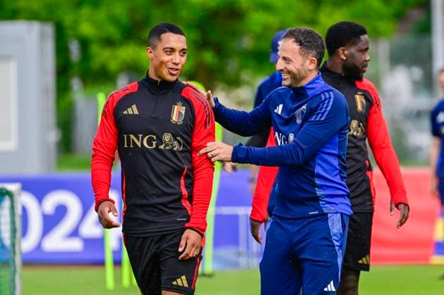 Belgium Media Activities UEFA EURO, EM, Europameisterschaft,Fussball 2024 12 06 2024 FREIBERG AM NECKA, GERMANY - JUNE 12 : Tielemans Youri midfielder of Belgium, Tedesco Domenico head coach of Belgian Team during a training session of the Belgian Red Devils at the UEFA Euro 2024 European Football Championship tournament on June 12, 2024 in Freiberg am Necka, Germany, 12 06 2024 Freiberg am Necka Germany  Copyright: xPoox
