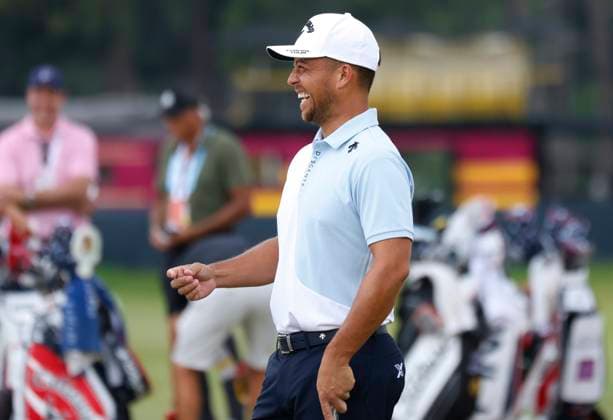 Xander Schauffele reacts during a practice round at the 124th U.S. Open golf championship at Pinehurst Resort & Country Club in Pinehurst, N.C. on Wednesday, June 12, 2024.  NCP20240612102 JOHNxANGELILLO