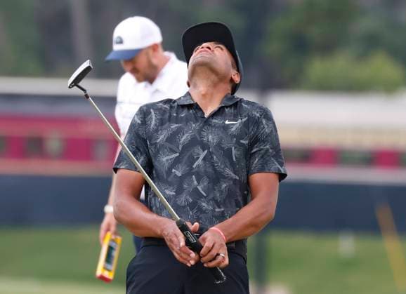 Tony Finau reacts during a practice round at the 124th U.S. Open golf championship at Pinehurst Resort & Country Club in Pinehurst, N.C. on Wednesday, June 12, 2024.  NCP20240612103 JOHNxANGELILLO