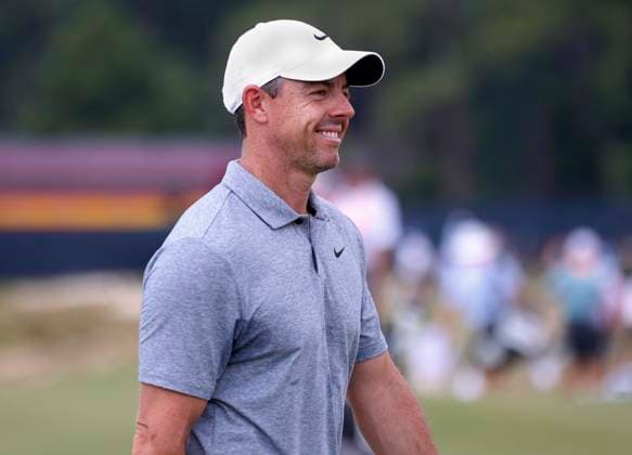 Rory McElroy of Northern Ireland smiles during a practice round at the 124th U.S. Open golf championship at Pinehurst Resort & Country Club in Pinehurst, N.C. on Wednesday, June 12, 2024.  NCP20240612104 JOHNxANGELILLO