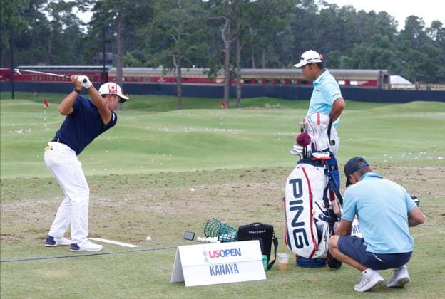 Takumi Kanaya (L) and Hideki Matsuyama of Japan warm up during a practice round at the 124th U.S. Open golf championship at Pinehurst Resort & Country Club in Pinehurst, N.C. on Wednesday, June 12, 2024.  NCP20240612112 JOHNxANGELILLO