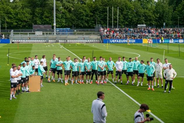 SOCCER - UEFA EURO, EM, Europameisterschaft,Fussball 2024 BERLIN,GERMANY,12.JUN.24 - SOCCER -UEFA EURO 2024, OEFB, Oesterreichischer Fussball-Bund, training. Image shows an overview with the team of AUT.  GEPAxpictures xJohannesxFriedl