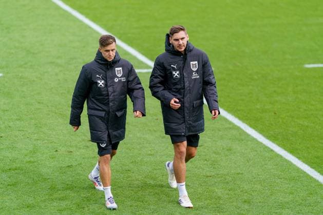 SOCCER - UEFA EURO, EM, Europameisterschaft,Fussball 2024 BERLIN,GERMANY,12.JUN.24 - SOCCER -UEFA EURO 2024, OEFB, Oesterreichischer Fussball-Bund, training. Image shows Christoph Baumgartner and Maximilian Woeber (AUT).  GEPAxpictures xJohannesxFriedl