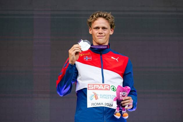 240612 Sander Aae Skotheim of Norway celebrates on the podium after men s decathlon during day 6 of the 2024 European Athletics Championships on June 12, 2024 in Rome Photo Vegard Grott BILDBYRAN kod VG VG0622 bbeng friidrott athletics friidrett friidrotts em em friidretts em 2024 european athletics championships jubel  Copyright: VEGARDxGRoTT BB240612VG002_20240612