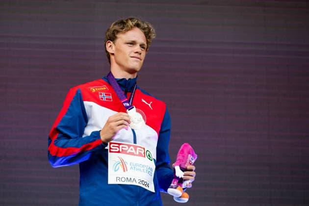 240612 Sander Aae Skotheim of Norway celebrates on the podium after men s decathlon during day 6 of the 2024 European Athletics Championships on June 12, 2024 in Rome Photo Vegard Grott BILDBYRAN kod VG VG0622 bbeng friidrott athletics friidrett friidrotts em em friidretts em 2024 european athletics championships jubel  Copyright: VEGARDxGRoTT BB240612VG004_20240612