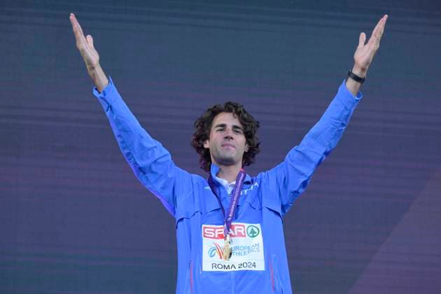 Gold medalist, Gianmarco Tamberi of Team Italy celebrates on the podium during the medal ceremony for the Men s High Jump during the 26th edition of Rome 2024 European Athletics Championships at the Olympic Stadium in Rome, Italy - Wednesday, June 12, 2024 - Athletics  Copyright: xFabrizioxCorradetti LaPressex