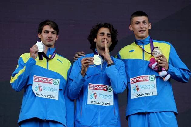 European Athletics Championships 2024 in Rome. Day 6 Rome, Italy 12.06.2024: Gianmarco TAMBERI , Vladyslav LAVSKYY, Oleh DOROSHCHUK during High Jump Men Medal Ceremony in European Athletics Championships 2024 at Olympic Stadium in Rome rome olympic stadium italy italy Copyright: xmarcoxiacobucci
