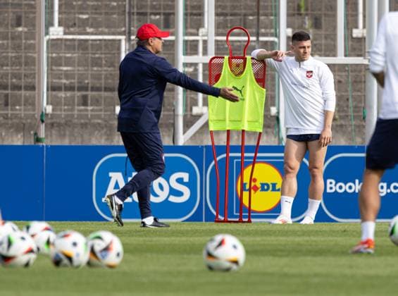 Dragan Stojkovic coach Serbia with Luka Jovic, former Bundesliga professional EM 2024 national team Serbia, public training, Rosenau Stadium Augsburg