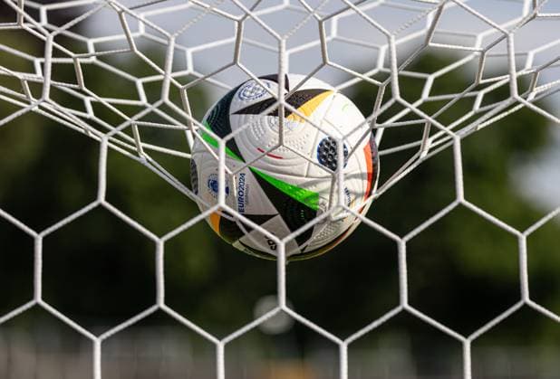 A EURO 2024 match ball hangs in the goal net, EURO 2024 national team Serbia, public training session, Rosenau Stadium Augsburg