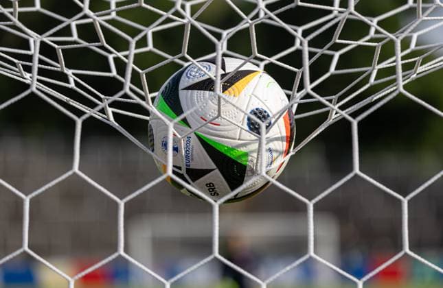A EURO 2024 match ball hangs in the goal net, EURO 2024 national team Serbia, public training session, Rosenau Stadium Augsburg