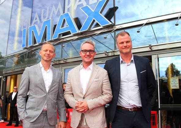 12 06 2024, Germany, Leonberg, Football Bundesliga, VfB in Team, film premiere Traumpalast Leonberg, 6 p.m. red carpet, 7 30 p.m. talk, then film, f l VfB CFO Rouven Casper, CEO Alexander Wehrle, VfB Sports Director Fabian Wohlgemuth