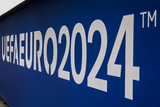 Sport, Football, UEFA EURO 2024 Host City Düsseldorf before the start of the European Championship 2024 12 06 2024, Düsseldorf UEFA EURO 2024 lettering on a banner in the old town of Düsseldorf North Rhine-Westphalia Germany