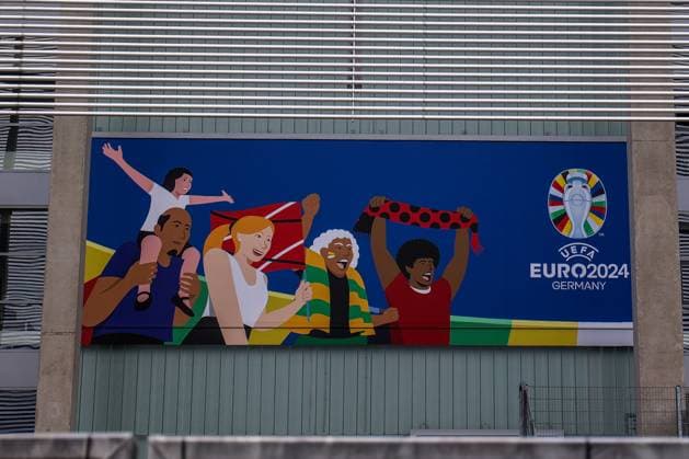 Sport, Football, UEFA EURO 2024 Host City Düsseldorf before the start of the European Championship 2024 12 06 2024, Düsseldorf Poster at the DÜSSELDORF ARENA MERKUR SPIEL ARENA Düsseldorf North Rhine-Westphalia Germany