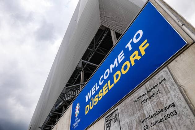 Sport, Football, UEFA EURO 2024 Host City Düsseldorf before the start of the European Championship 2024 12 06 2024, Düsseldorf Lettering Welcome to Düsseldorf at the DÜSSELDORF ARENA MERKUR SPIEL ARENA Düsseldorf North Rhine-Westphalia Germany