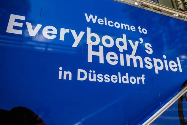 Sport, Football, UEFA EURO 2024 Host City Düsseldorf before the start of the European Championship 2024 12 06 2024, Düsseldorf Lettering Slogan Motto Welcome to Everybody™s home game in Düsseldorf Düsseldorf North Rhine-Westphalia Germany