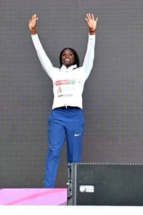 12th June 2024; Olympic Stadium, Rome, Italy; 2024 European Athletic Championships, Day 6; Daryll NEITA (GBR) celebrates after winning silver in the 200m Womens final  ActionPlus1265375520240612 AllShotLive