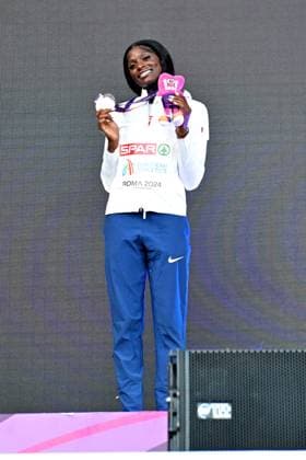 12th June 2024; Olympic Stadium, Rome, Italy; 2024 European Athletic Championships, Day 6; Daryll NEITA (GBR) celebrates after winning silver in the 200m Womens final  ActionPlus1265375720240612 AllShotLive